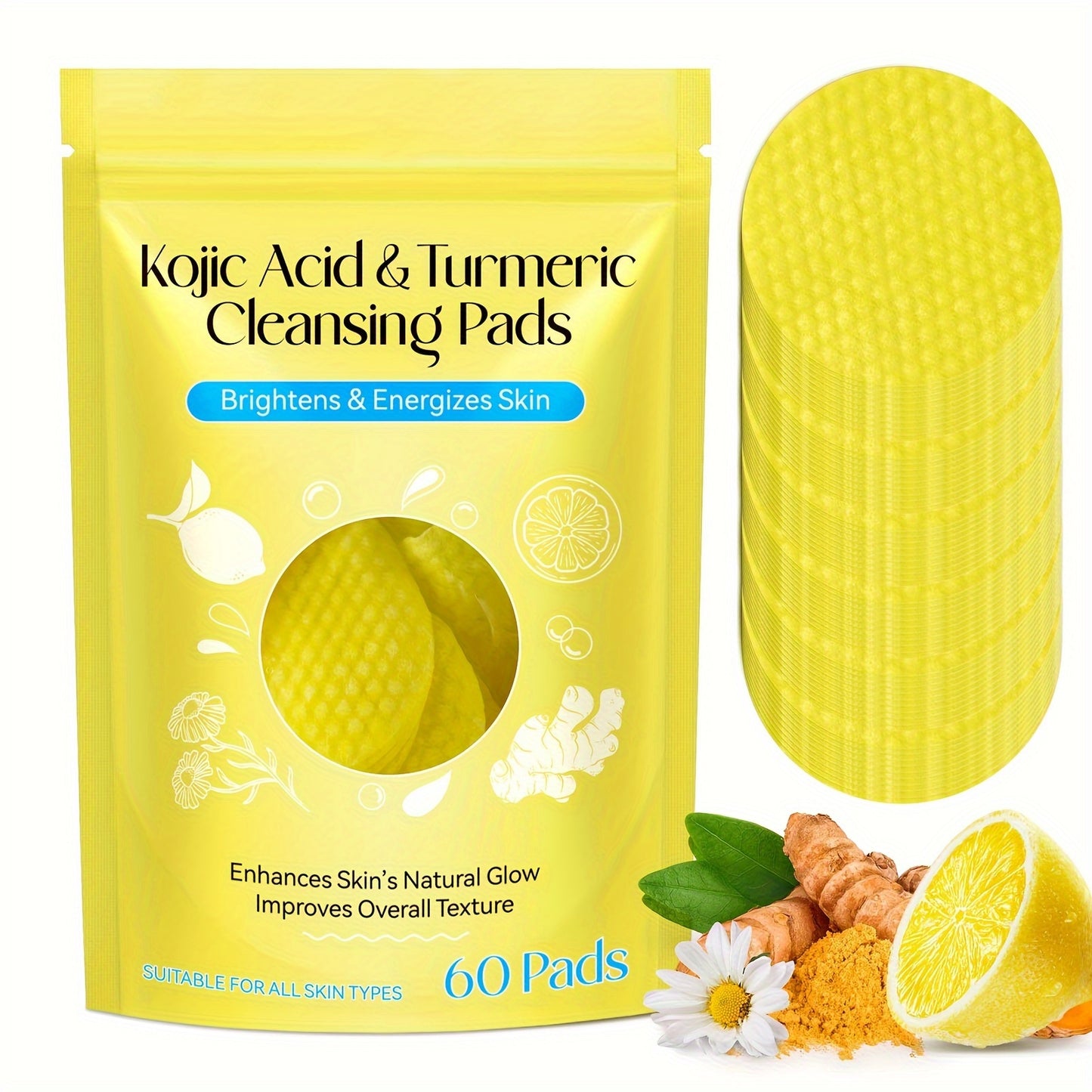60PCS Turmeric Exfoliating Pads with Kojic Acid - Balance Skin Oil and Water, Remove Dead Skin Cells and Excess Keratin, Gentle and Effective Skin Renewal for Smooth and Radiant Complexion