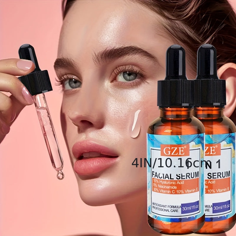 2pcs GZE 4-in-1 Hyaluronic Acid Facial Serums - Moisturizing, Alcohol-Free, with Niacinamide, Vitamin C & E, for All Skin Types, 10% Hyaluronic Acid, 30% Vitamin C, 10% Vitamin E, 2pcs