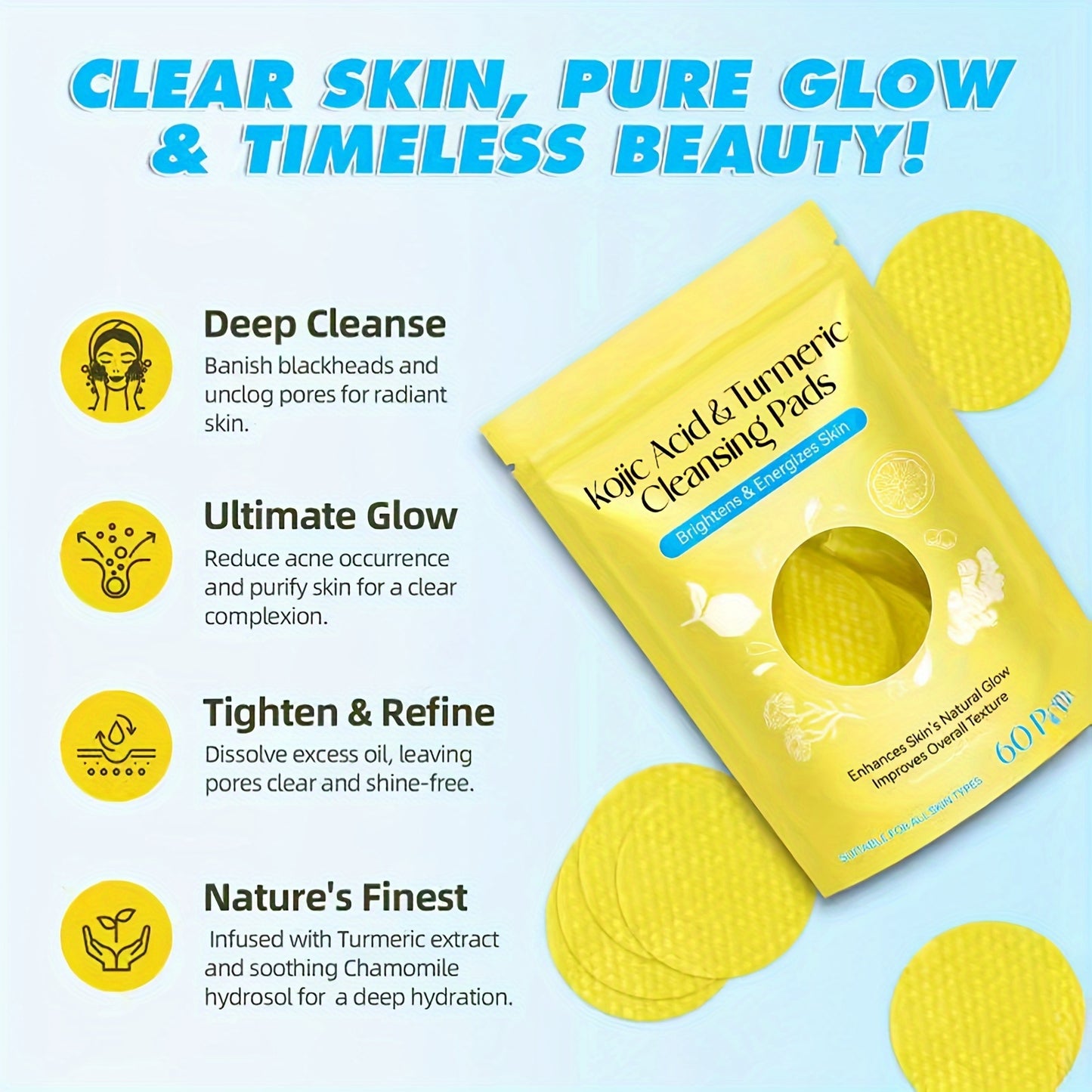 60PCS Turmeric Exfoliating Pads with Kojic Acid - Balance Skin Oil and Water, Remove Dead Skin Cells and Excess Keratin, Gentle and Effective Skin Renewal for Smooth and Radiant Complexion