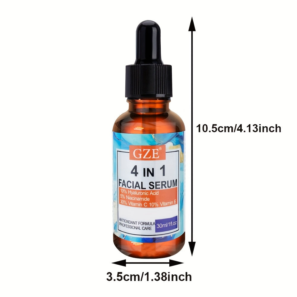2pcs GZE 4-in-1 Hyaluronic Acid Facial Serums - Moisturizing, Alcohol-Free, with Niacinamide, Vitamin C & E, for All Skin Types, 10% Hyaluronic Acid, 30% Vitamin C, 10% Vitamin E, 2pcs