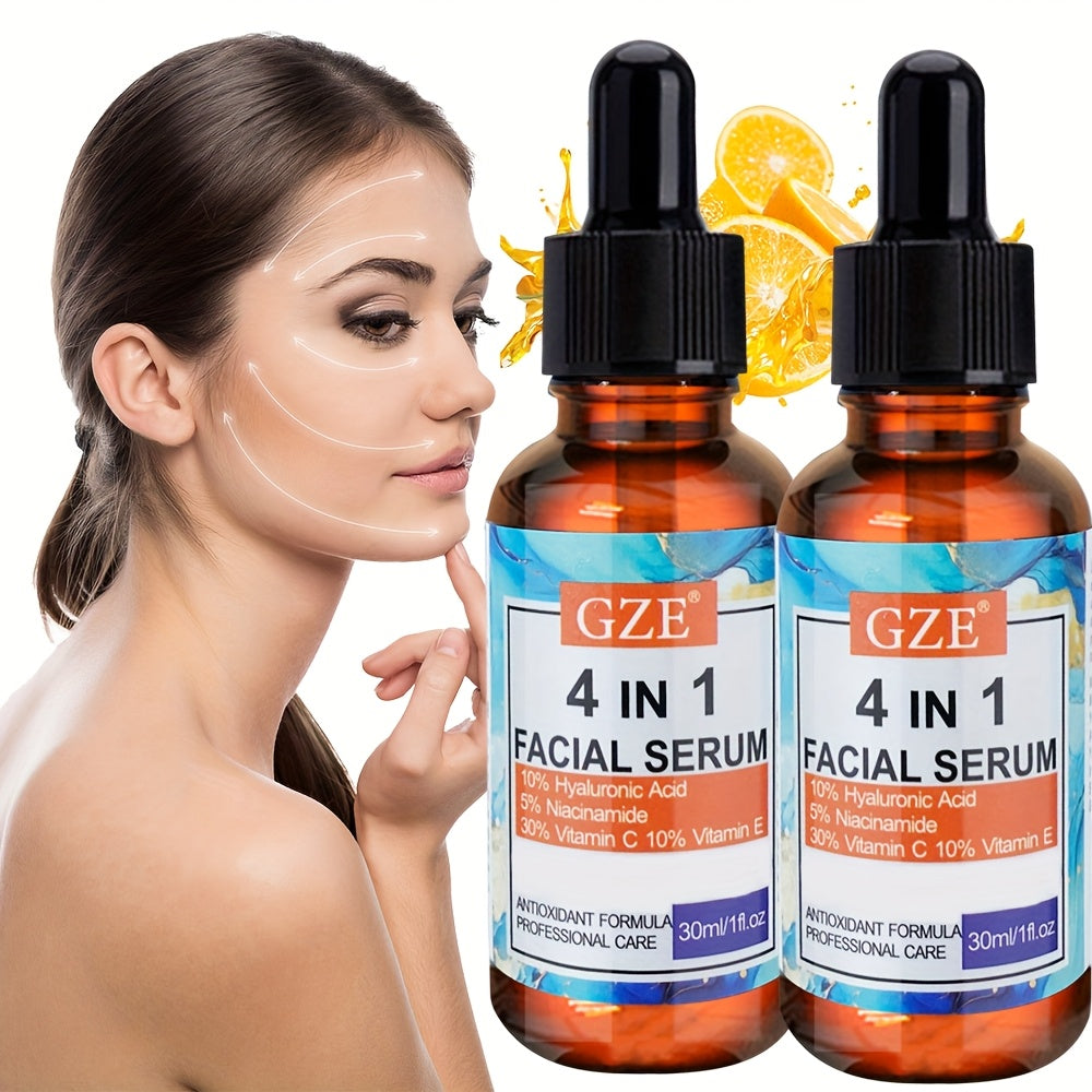 2pcs GZE 4-in-1 Hyaluronic Acid Facial Serums - Moisturizing, Alcohol-Free, with Niacinamide, Vitamin C & E, for All Skin Types, 10% Hyaluronic Acid, 30% Vitamin C, 10% Vitamin E, 2pcs