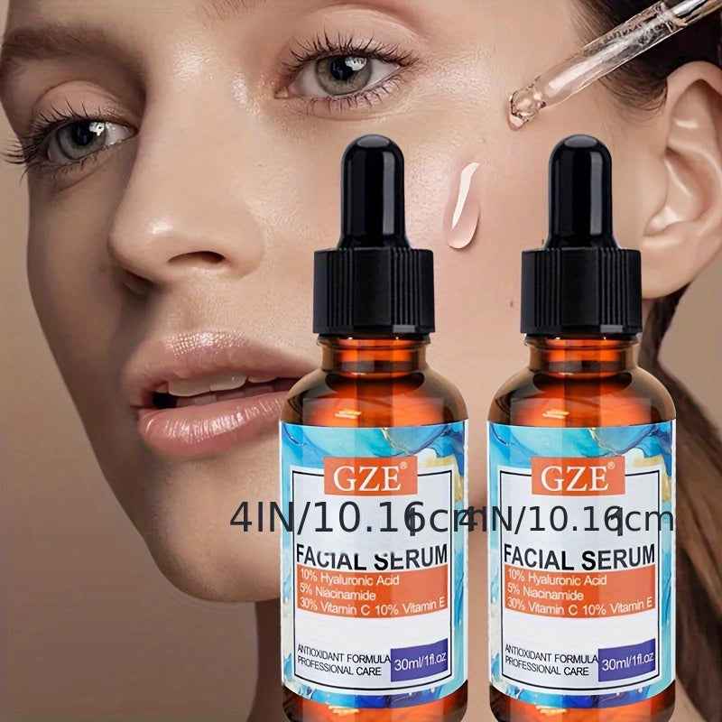 2pcs GZE 4-in-1 Hyaluronic Acid Facial Serums - Moisturizing, Alcohol-Free, with Niacinamide, Vitamin C & E, for All Skin Types, 10% Hyaluronic Acid, 30% Vitamin C, 10% Vitamin E, 2pcs