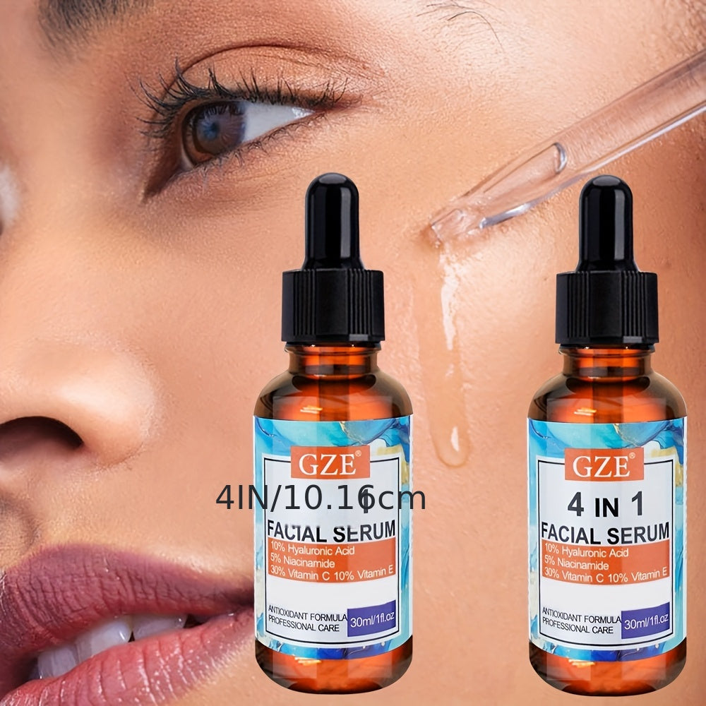 2pcs GZE 4-in-1 Hyaluronic Acid Facial Serums - Moisturizing, Alcohol-Free, with Niacinamide, Vitamin C & E, for All Skin Types, 10% Hyaluronic Acid, 30% Vitamin C, 10% Vitamin E, 2pcs