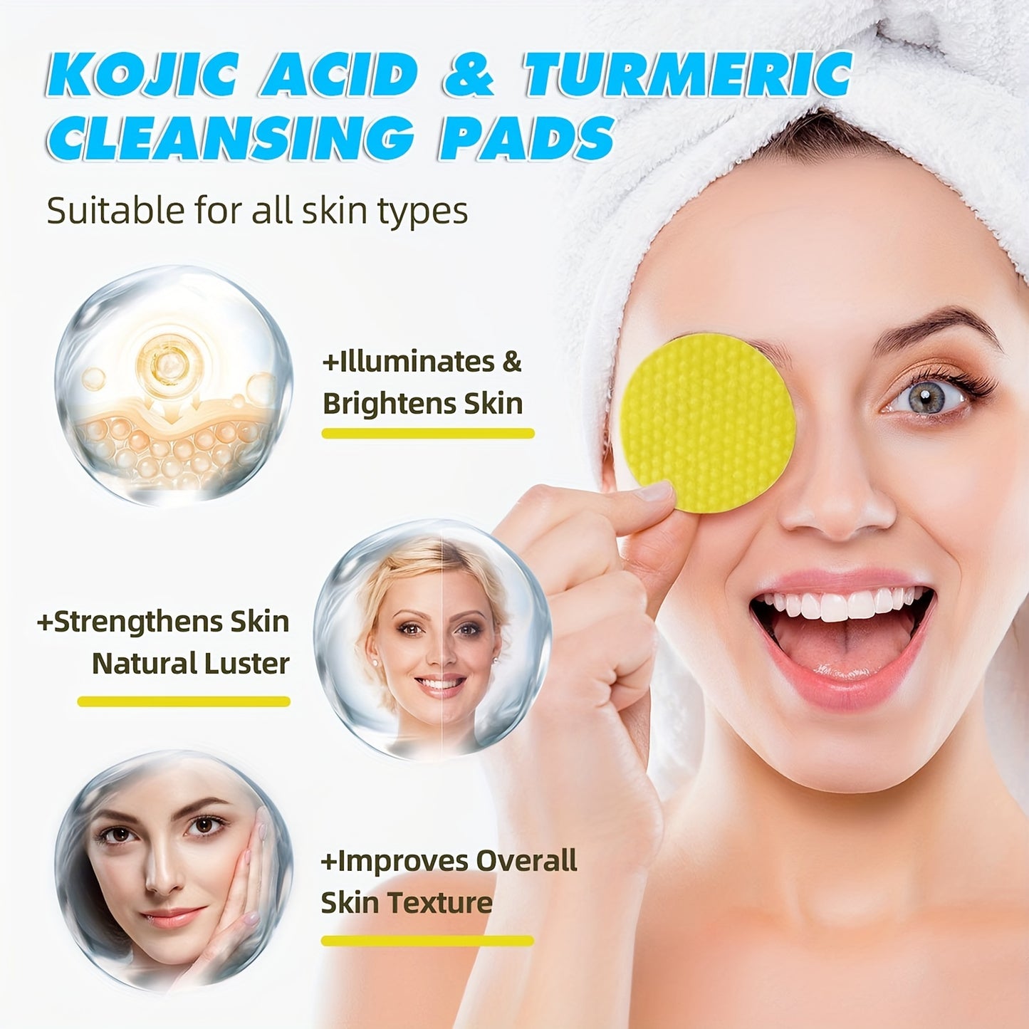 60PCS Turmeric Exfoliating Pads with Kojic Acid - Balance Skin Oil and Water, Remove Dead Skin Cells and Excess Keratin, Gentle and Effective Skin Renewal for Smooth and Radiant Complexion
