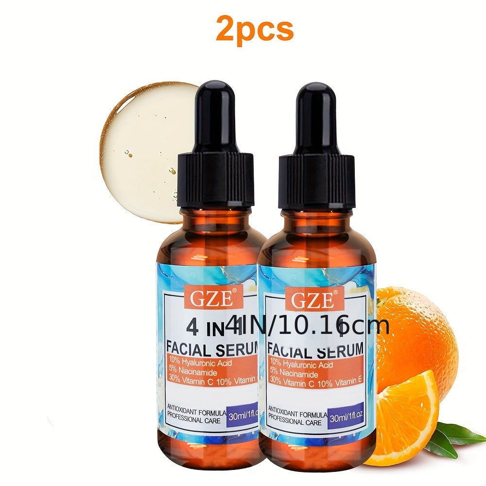 2pcs GZE 4-in-1 Hyaluronic Acid Facial Serums - Moisturizing, Alcohol-Free, with Niacinamide, Vitamin C & E, for All Skin Types, 10% Hyaluronic Acid, 30% Vitamin C, 10% Vitamin E, 2pcs