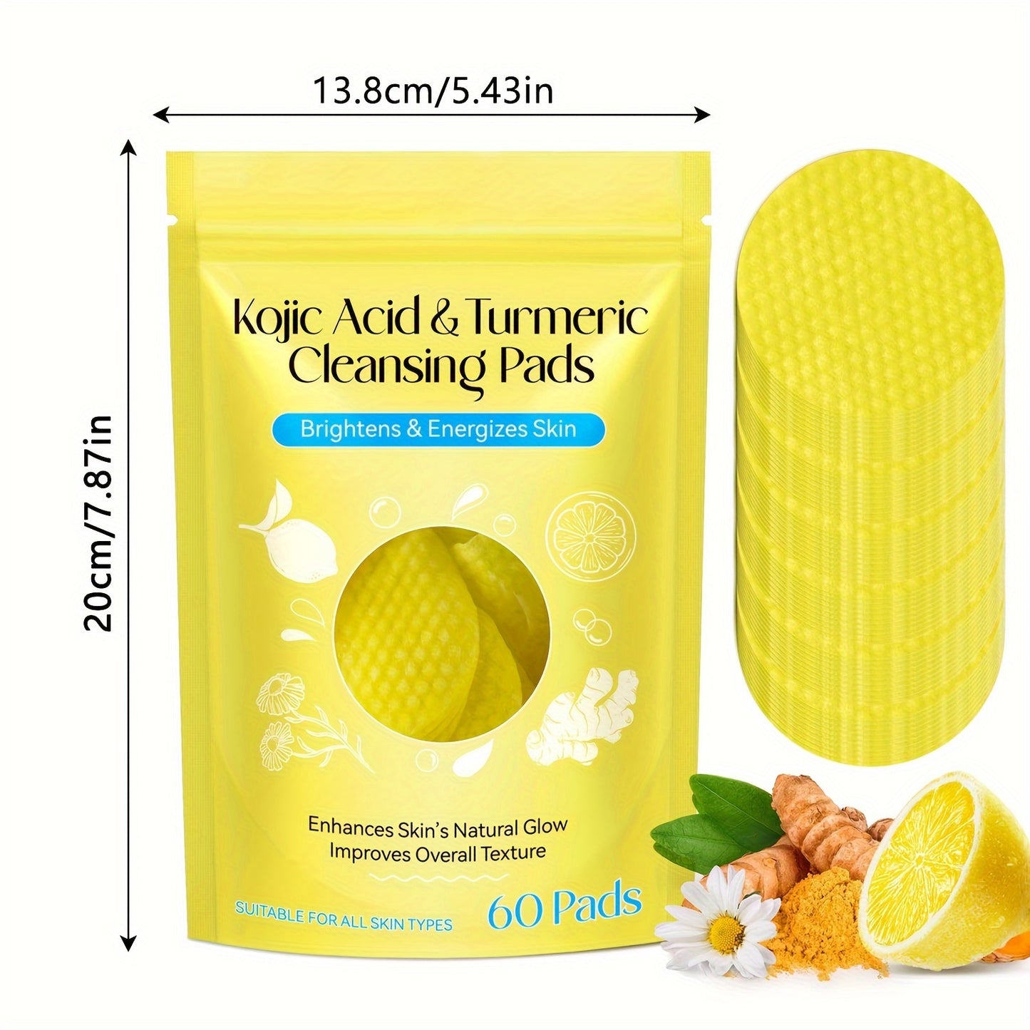 60PCS Turmeric Exfoliating Pads with Kojic Acid - Balance Skin Oil and Water, Remove Dead Skin Cells and Excess Keratin, Gentle and Effective Skin Renewal for Smooth and Radiant Complexion