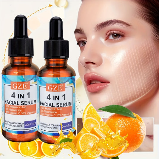 2pcs GZE 4-in-1 Hyaluronic Acid Facial Serums - Moisturizing, Alcohol-Free, with Niacinamide, Vitamin C & E, for All Skin Types, 10% Hyaluronic Acid, 30% Vitamin C, 10% Vitamin E, 2pcs