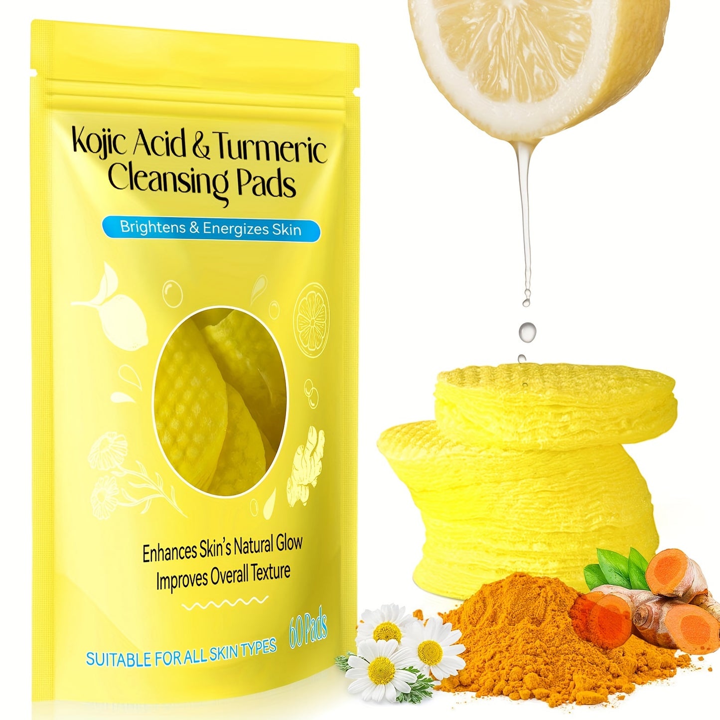 60PCS Turmeric Exfoliating Pads with Kojic Acid - Balance Skin Oil and Water, Remove Dead Skin Cells and Excess Keratin, Gentle and Effective Skin Renewal for Smooth and Radiant Complexion